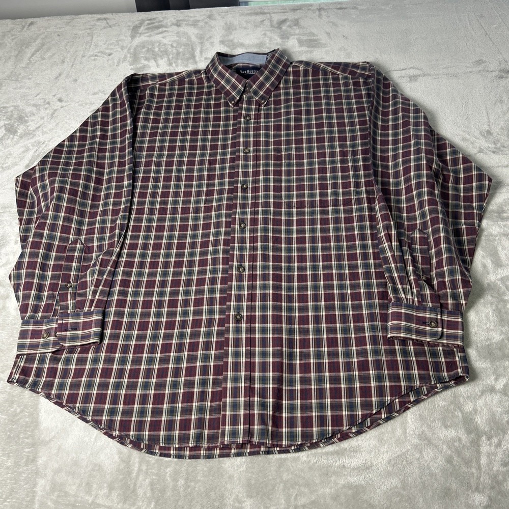 Van Heusen Shirt Mens Large Plaid Long Sleeve Button Up Wrinkle Free - Picture 1 of 10